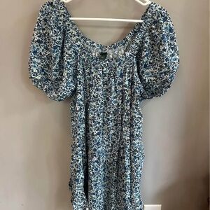 Floral Blue and White Off the Shoulder Dress